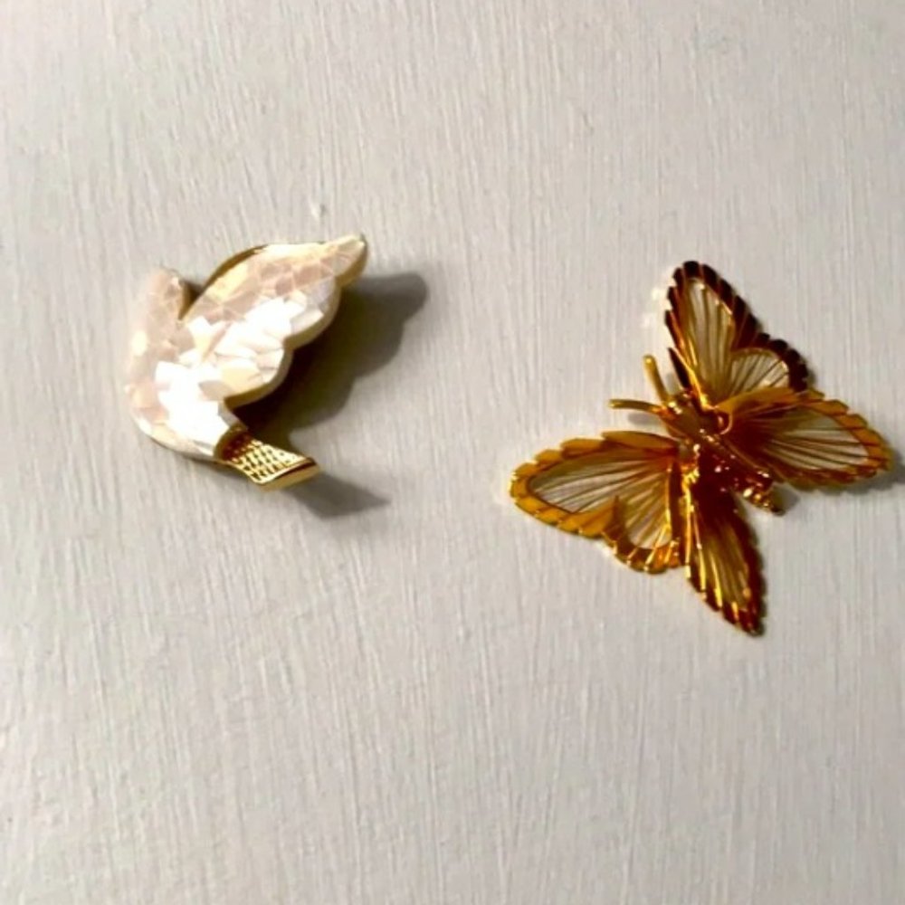 Butterfly and Dove (2) Set Gold/White Trim Brooche(s) Women's Jewelry Pins